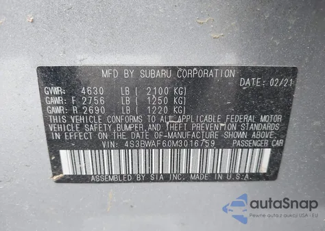 2021 Subaru Legacy Premium z USA, uszkodzony, nr VIN 4S3BWAF60M3016759